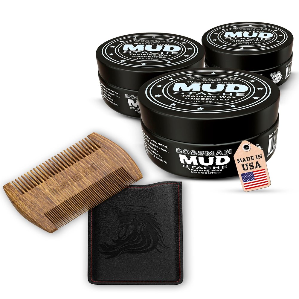 Bossman Sandalwood Comb + 3 Pack MUDstache Mustache Wax Bundle Wide Tooth Comb for Beard with Strong 24-Hours Hold Taming & Styling Wax