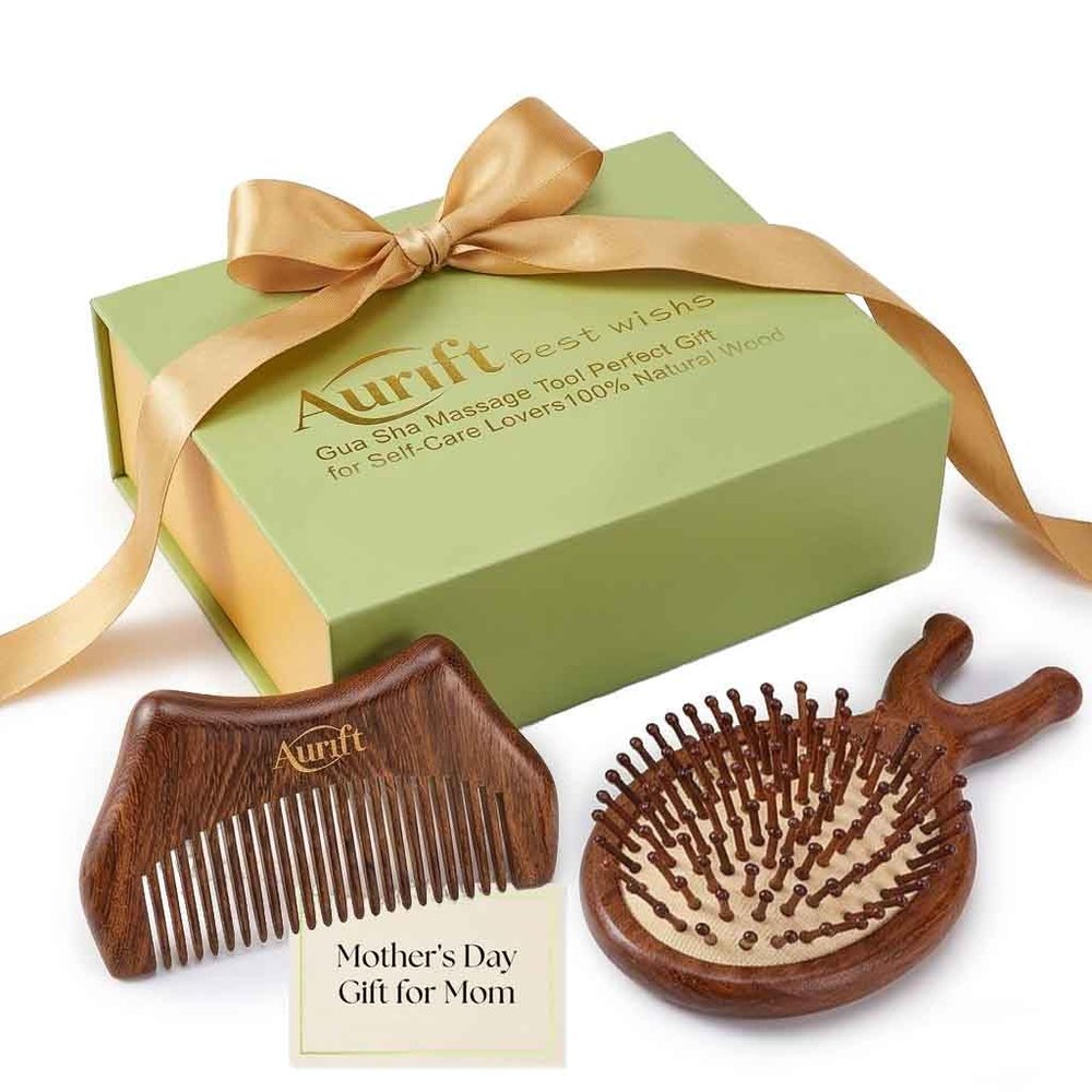 Mothers Day Gift for Mom Wooden Scalp Massager Brush & Comb Set, in Premium Gift-Ready Box Natural Wood Head Massage Tool for Stress Relief, Relaxation & Self Care Gift for Women