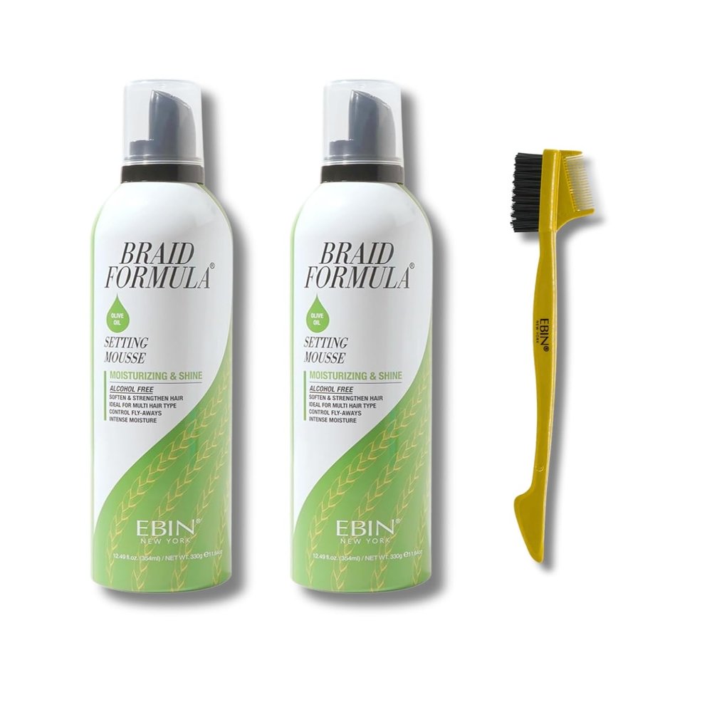 EBIN NEW YORK Hair Mousse for Braids  2x Setting Mousse Moisturizing & Shine - Olive Oil 12.49oz Bundle with 24hour Edge Tamer 3-IN-1 Brush & Comb Hydration & Control  Gift Set (3 Items)