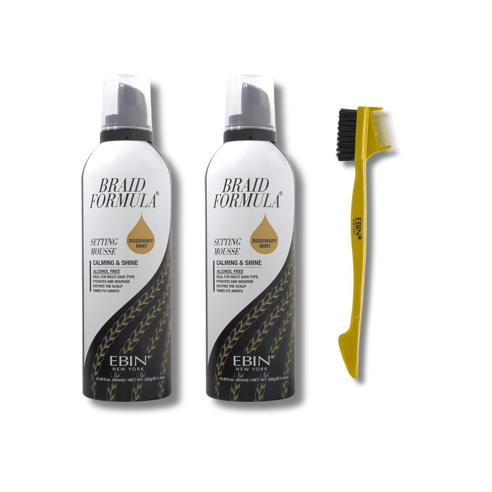 EBIN NEW YORK Hair Mousse  2x Setting Mousse Calming & Shine with Rosemary Mint 12.49 oz Bundle with Edge Tamer 3-IN-1 Brush & Comb Frizz Control, Nourishment & Edge Styling  Gift Set (3 Items)