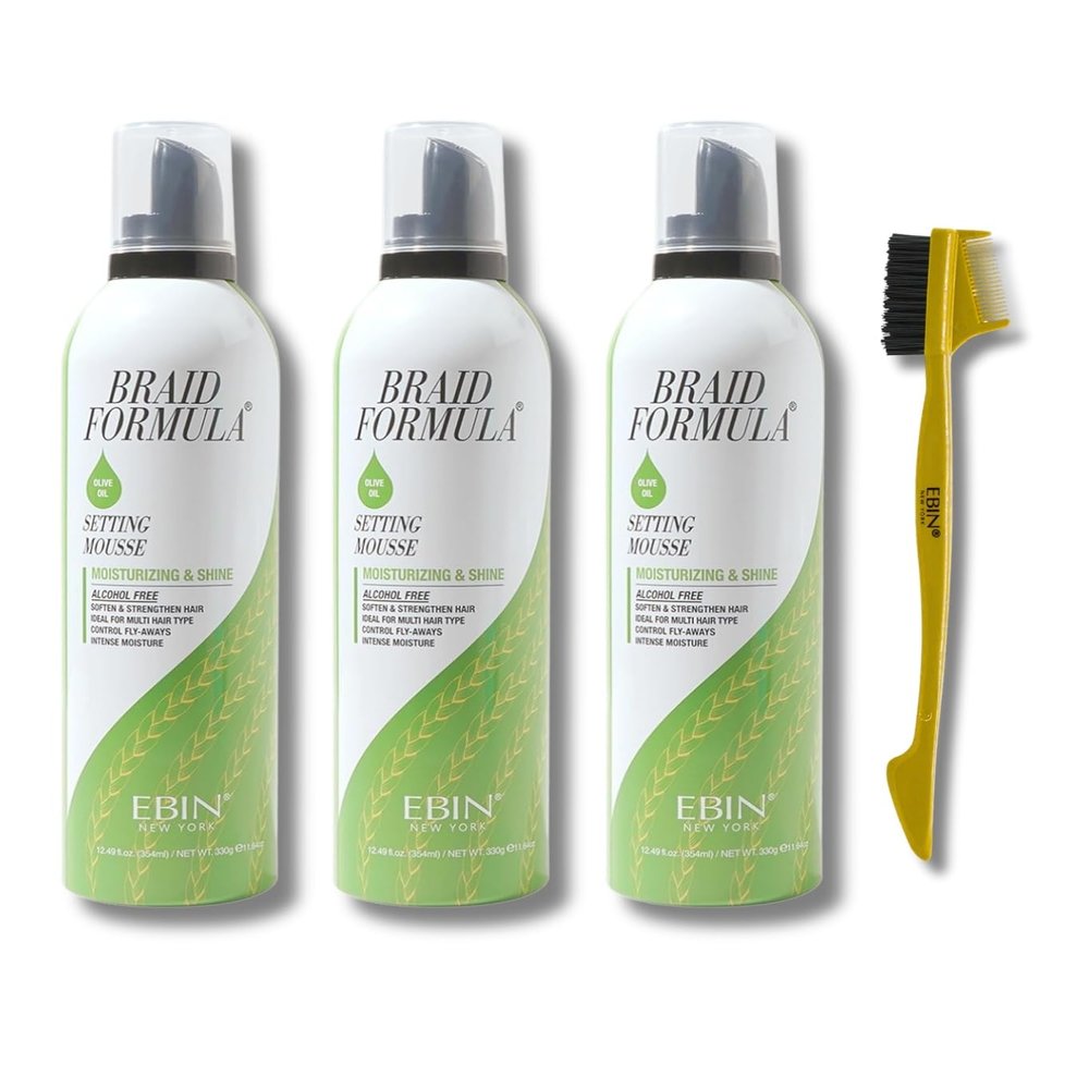 EBIN NEW YORK Hair Mousse for Braids  3x Setting Mousse Moisturizing & Shine - Olive Oil 12.49oz Bundle with 24hour Edge Tamer 3-IN-1 Brush & Comb Hydration & Control  Gift Set (4 Items)