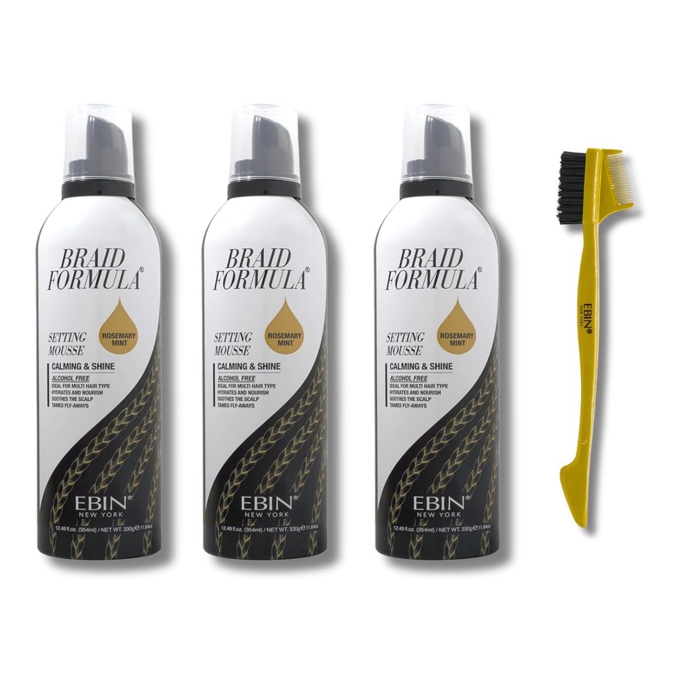 EBIN NEW YORK Hair Mousse 3x Setting Mousse Calming & Shine with Rosemary Mint 12.49 oz Bundle with Edge Tamer 3-IN-1 Brush & Comb Frizz Control, Nourishment & Edge Styling Gift Set (4 Items)