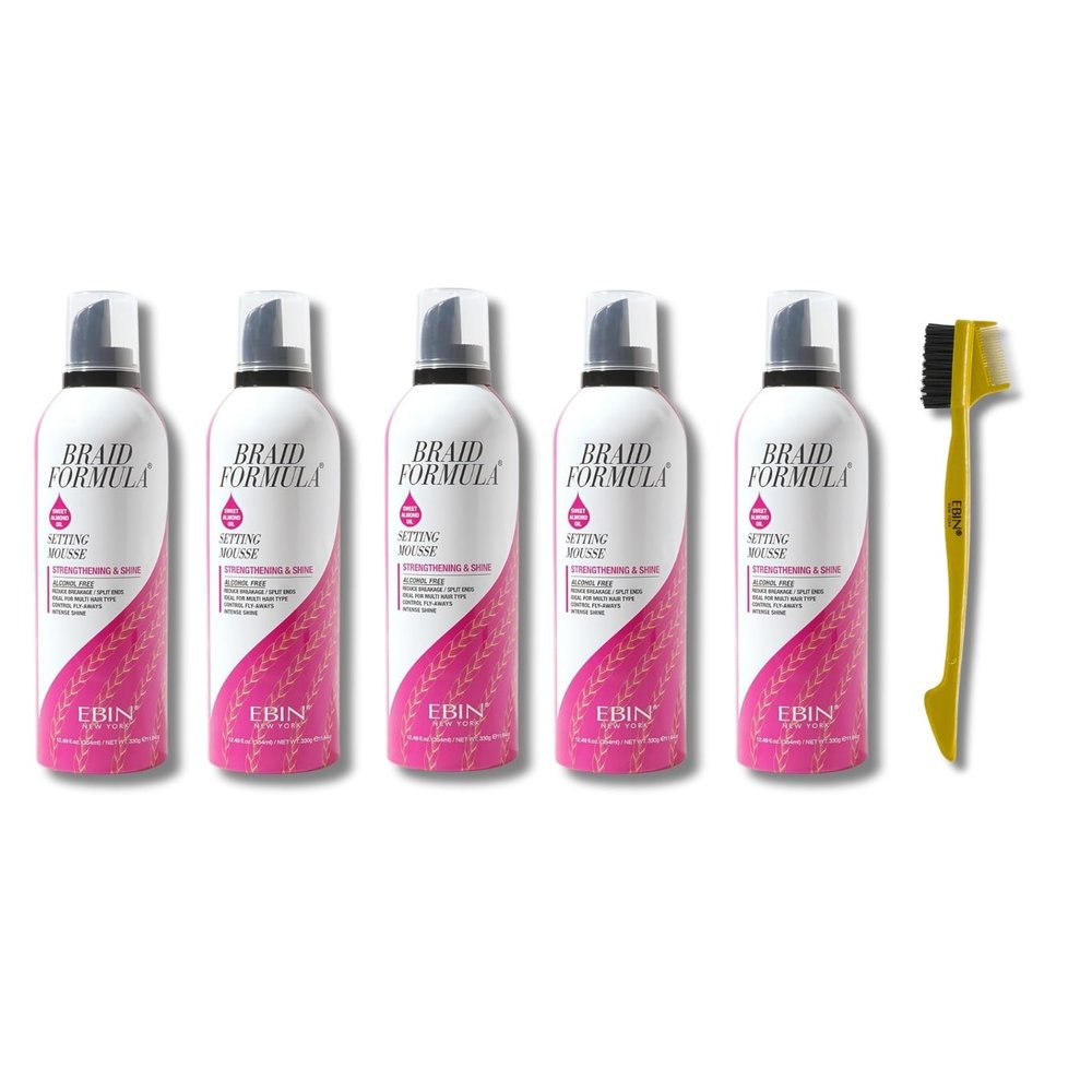 EBIN NEW YORK Hair Mousse 5x Setting Mousse Strengthening & Shine with Sweet Almond Oil 12.49 oz Bundle with Edge Tamer 3-IN-1 Brush & Comb Smooth Finish & Frizz Control Gift Set (6 Items)