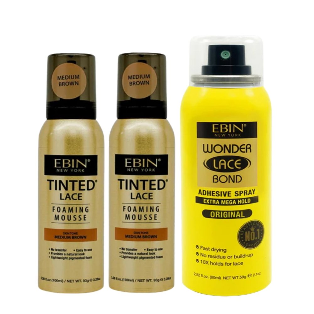 EBIN NEW YORK Lace Tint Spray 2x TintedLace Foaming Mousse Medium Brown 3.38oz Bundle with Lace Bond Adhesive Spray Extra Mega Hold 2.82oz Wig Blending and Secure Application Gift Set (3 Items)