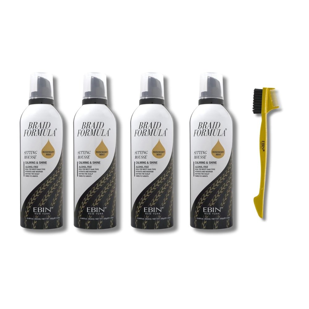 EBIN NEW YORK Hair Mousse  4x Setting Mousse Calming & Shine with Rosemary Mint 12.49 oz Bundle with Edge Tamer 3-IN-1 Brush & Comb Frizz Control, Nourishment & Edge Styling  Gift Set (5 Items)