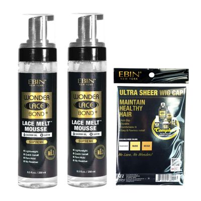 EBIN NEW YORK 2x Wonder Bond Lace Melt Mousse Bundle with Wonder Lace Bond HD Wig Cap Castor Oil and Biotin Infused Wig Styling Foam for Secure Hold  Gift Set (3 Items)