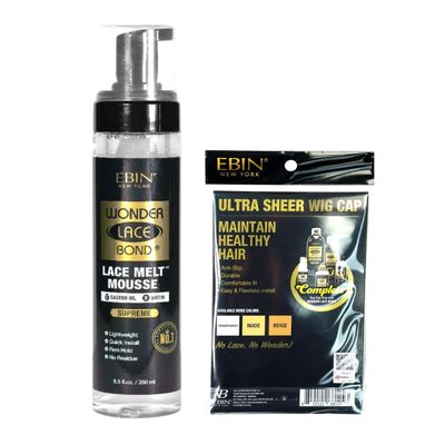 EBIN NEW YORK 1x Wonder Bond Lace Melt Mousse Bundle with Wonder Lace Bond HD Wig Cap Castor Oil and Biotin Infused Wig Styling Foam for Secure Hold  Gift Set (2 Items)