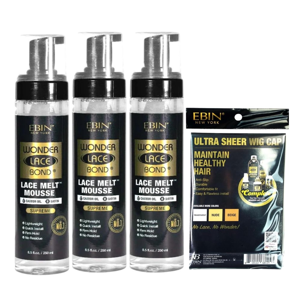 EBIN NEW YORK 3x Wonder Bond Lace Melt Mousse Bundle with Wonder Lace Bond HD Wig Cap Castor Oil and Biotin Infused Wig Styling Foam for Secure Hold  Gift Set (4 Items)