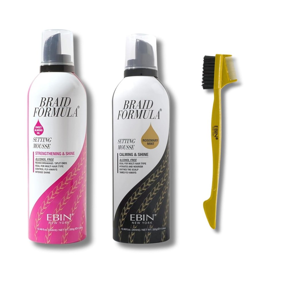 EBIN NEW YORK Hair Mousse  Setting Mousse Calming & Shine w/Rosemary Mint Bundle with Strengthening & Shine w/Sweet Almond Oil 12.49 oz each & Edge Tamer 3-IN-1 Brush & Comb Gift Set (3 Items)