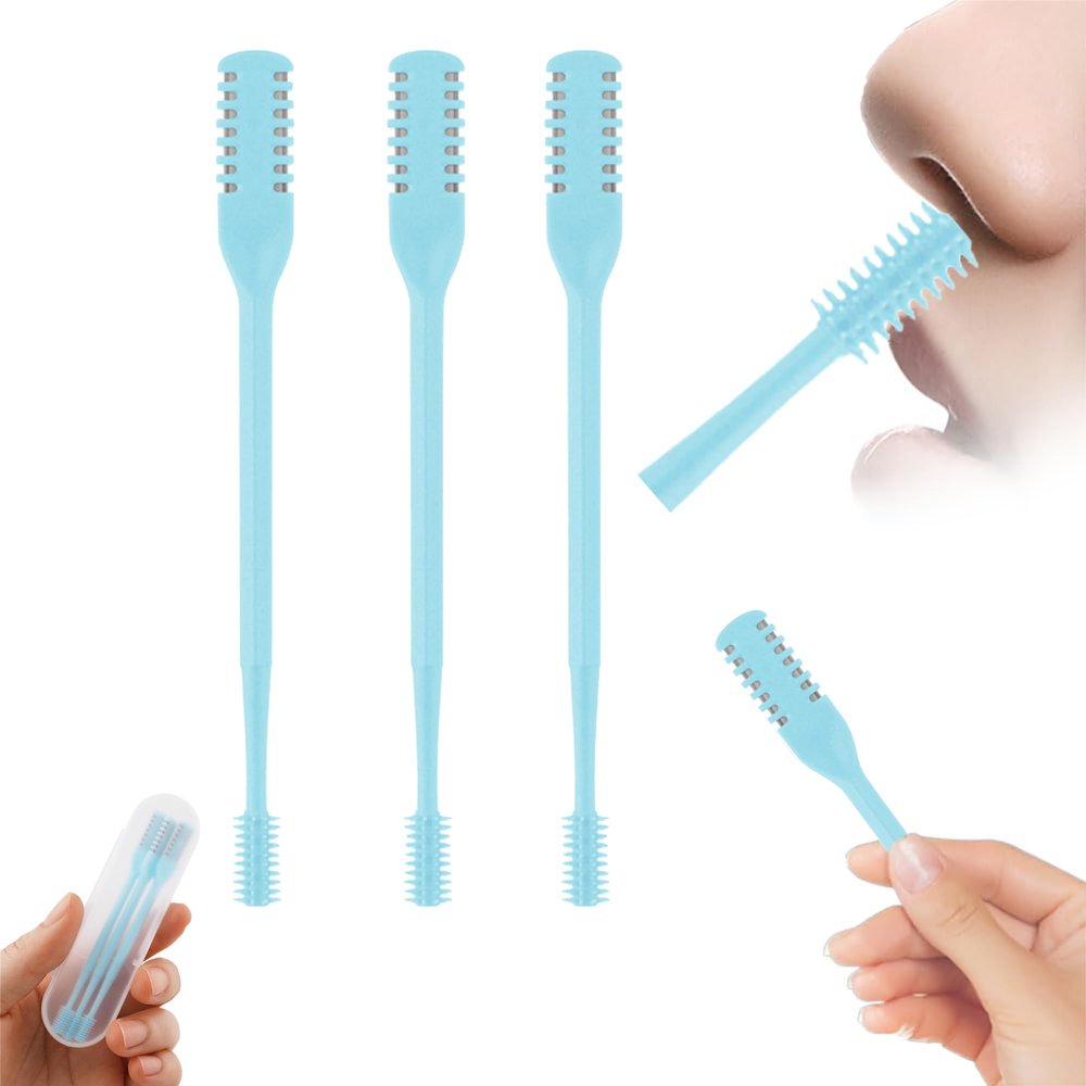 AHHALFFY 3 Pcs 2-in-1 Nasal Hair Trimmer Set, 360 Rotating Double-Sided Nose & Ear Hair Cutter for Men & Women, Portable Nostril Grooming Tool with Soft Cleaning Brush(Blue)