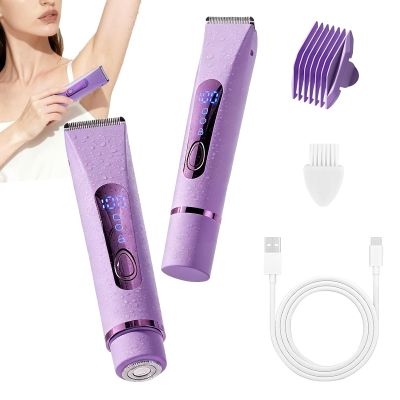 Bikini Trimmer for Women ElectricDouble Head Dual Purpose, Ceramic Blade,IPX7 Waterproof,LCD Power Display,USB Rechargeable,Wet/Dry Painless Hair Removal for Face & Body (Violet)