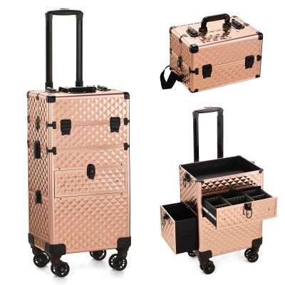 3 in 1 Rolling Makeup Train Case, Aluminum Makeup Travel Organizer Cosmetic Case, Cosmetology Display Suitcase on Wheels, Large Beauty Storage Nail Artist Salon Storage Traveling Cart Trun