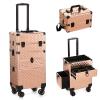 3 in 1 Rolling Makeup Train Case, Aluminum Makeup Travel Organizer Cosmetic Case, Cosmetology Display Suitcase on Wheels, Large Beauty Storage Nail Artist Salon Storage Traveling Cart Trun view 1