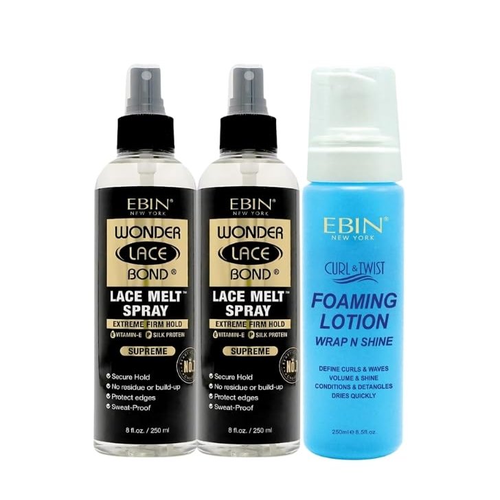 Ebin Melting Spray - 2x Wonder Lace Bond Lace Melt Spray bundle with 1x Curl & Twist Foaming Lotion Seamless Wig Melt and Curl Defining Foam for Natural Hold & Shine Gift Set (3 Items)