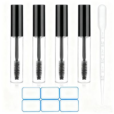 AskBed 4 Pack of 0.34 Oz (10ml) Empty Mascara Tube - Refillable, Leak-proof Plastic Mascara Bottles with Eyelash Wand and Labels Included