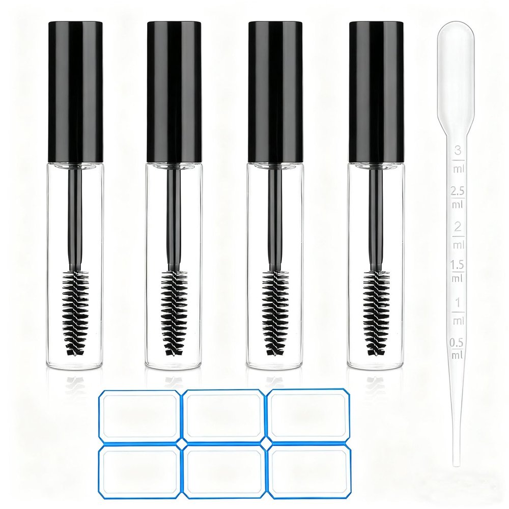 AskBed 4 Pack of 0.34 Oz (10ml) Empty Mascara Tube - Refillable, Leak-proof Plastic Mascara Bottles with Eyelash Wand and Labels Included