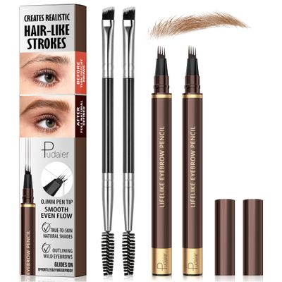 2 Pack 4-Tip Microblading Eyebrow Pen with 2 Brow Brushes, Waterproof Vegan Formula Eyebrow Pencils for Women to Effortlessly Create Natural Hair-Like Strokes, All-Day Wear (Natural Brown)