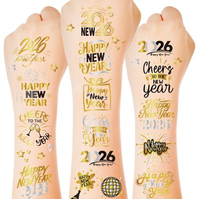 135 Styles New Years Eve Party Supplies, 12 Sheets Glitter New Year Tattoos, 2026 NYE Decorations, Black Gold Silver NYE Party Favors Tattoos Stickers, Holiday Festival Eve Decor