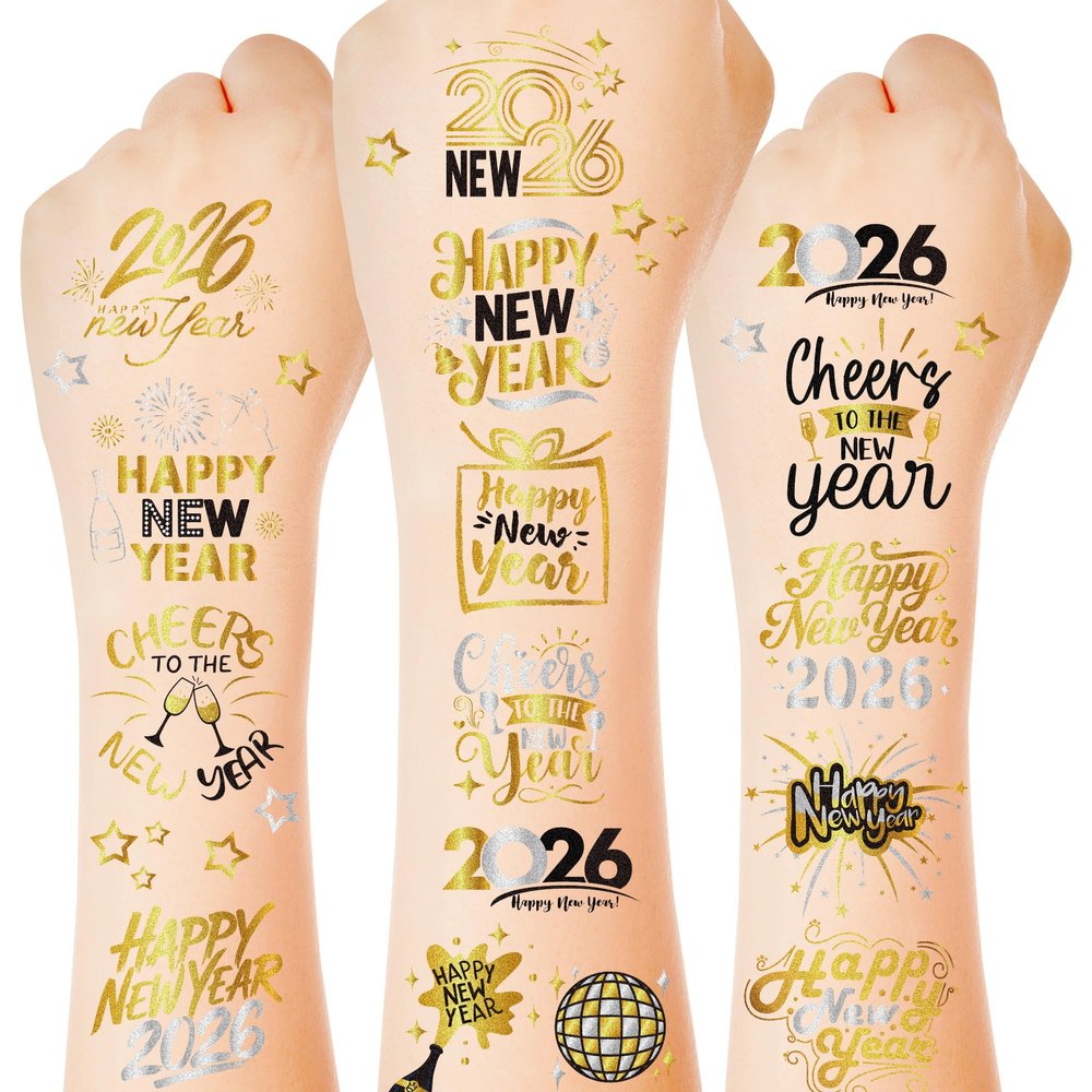 135 Styles New Years Eve Party Supplies, 12 Sheets Glitter New Year Tattoos, 2026 NYE Decorations, Black Gold Silver NYE Party Favors Tattoos Stickers, Holiday Festival Eve Decor