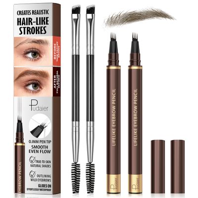 2 Pack 4-Tip Microblading Eyebrow Pen with 2 Brow Brushes, Waterproof Vegan Formula Eyebrow Pencils for Women to Effortlessly Create Natural Hair-Like Strokes, All-Day Wear (Medium Brown)