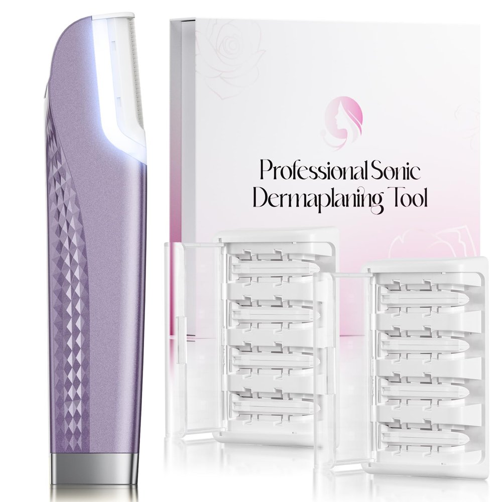 Dermaplane Razor For Women Face, 3 Adjustable Dermaplaning Tool,Facial Hair Removal Razors with Led Light for Peach Fuzz,Rechargeable Sonicsmooth Facial Hair Remover with 8 Replacement Blades (Purple)