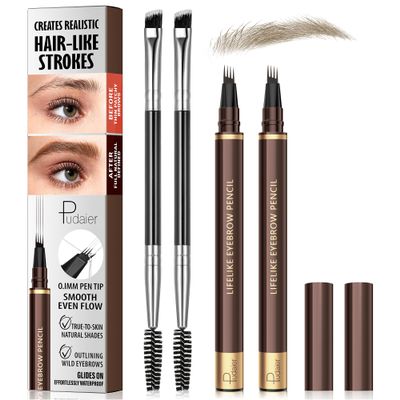 2 Pack 4-Tip Microblading Eyebrow Pen with 2 Brow Brushes, Waterproof Vegan Formula Eyebrow Pencils for Women to Effortlessly Create Natural Hair-Like Strokes, All-Day Wear (Blonde)