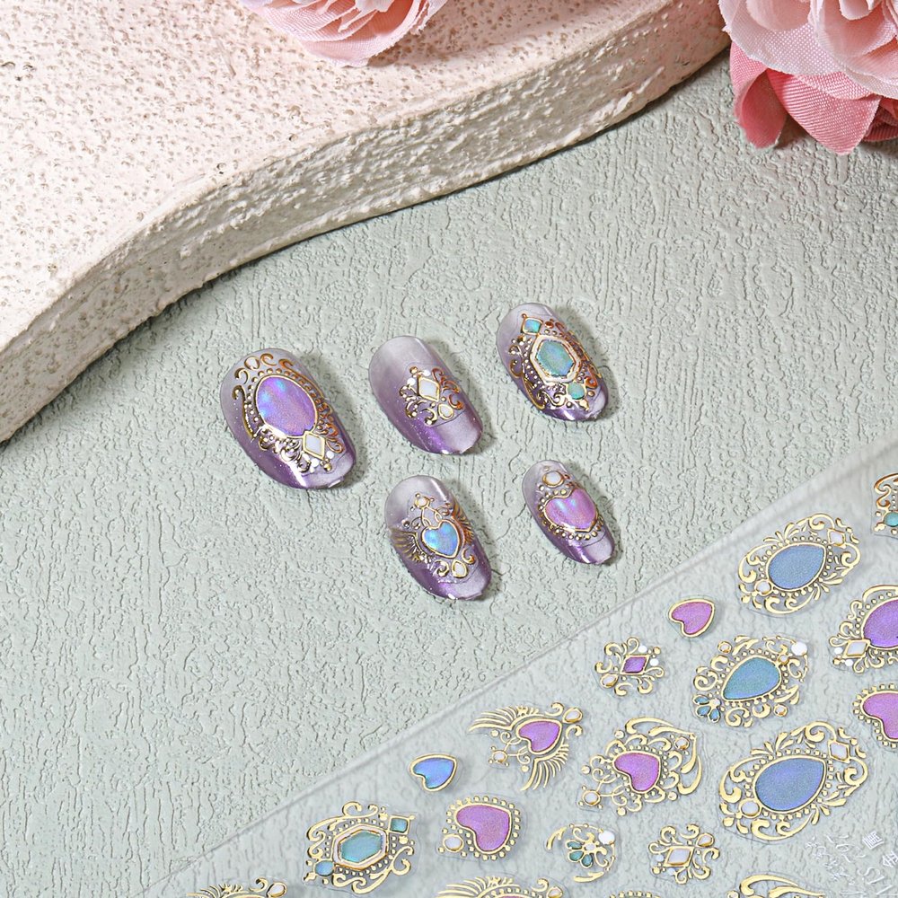3D Nail Art Stickers, Gemstone Nail Art Stickers Decals, Embossed Golden Heart Design Luxury Nails Supplies, Adhesive Manicure Sliders for Women DIY Manicure Decorations