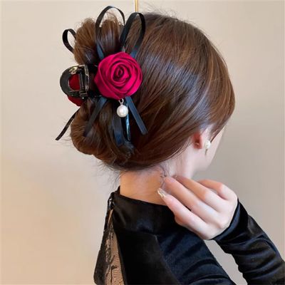 DFWZMQTG French romantic rose pearl grab clip female hair shark accessories back of the plate card
