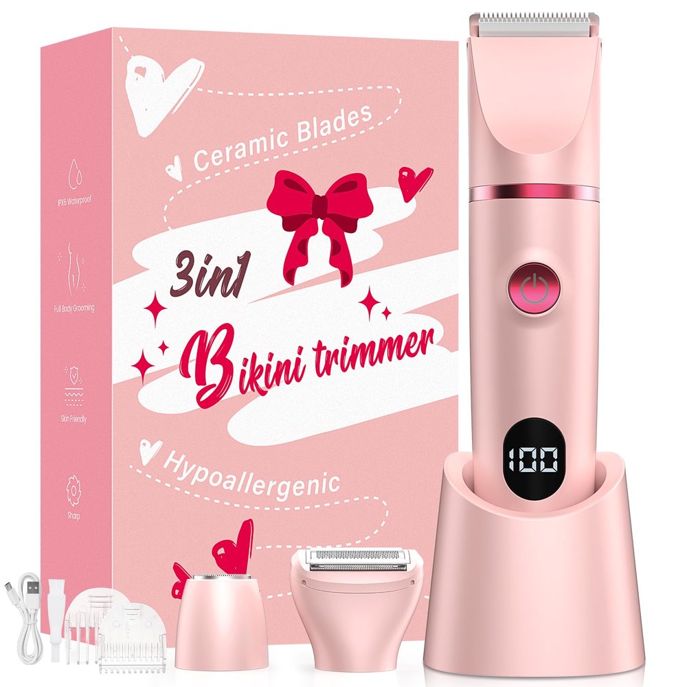 Crolanli Bikini Trimmer for Women, 3-in-1 Electric Razors for Women, IPX7 Waterproof Rechargeable Cordless Pubic Hair Shaver, with LED Display, for Ladies Bikini Pubic, Face, Underarms, Legs(Pink)