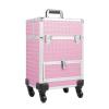 CNCEST Professional Rolling Makeup Case, Aluminum Trolley Train Case with 4 Removable Wheels & Drawers, 13 * 10 * 19in Portable Cosmetic Storage Trolley for Wedding Makeup, Nail Artist Travel (Pink) view 1