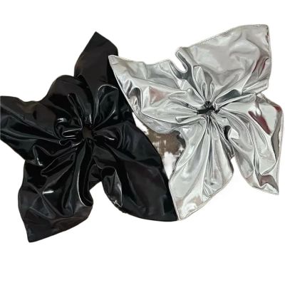12 Pcs 21cm Oversize Metallic Black Silver Faux Leather Scrunchies: Square Elastic Holders For Ponytail Styling(Black)