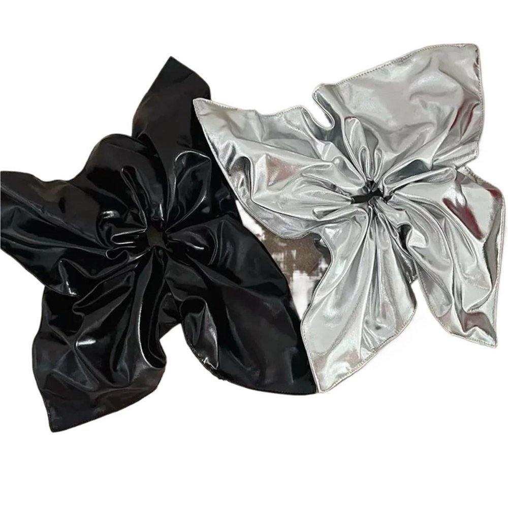 12 Pcs 21cm Oversize Metallic Black Silver Faux Leather Scrunchies: Square Elastic Holders For Ponytail Styling(Black)