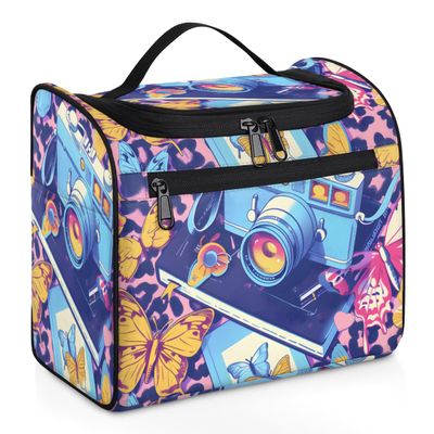 Zestdesign Blue Camera Large Hanging Travel Toiletry Bag for Women Water Resistant Animal Butterflies Bathroom Cosmetic Makeup Bag with Hanging Hook for Toiletries