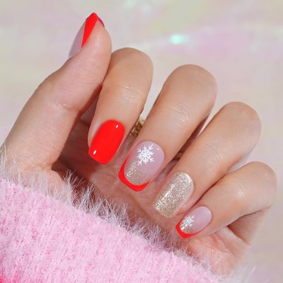 Red Press On Nails Short - Jofay Fashion French Tip Press On Nails, Acrylic Fake Nails with Snowflakes and Gold Glitter, Reusable False Nails Glue On Nails for Women, Stick On Nails Kit 32Pcs