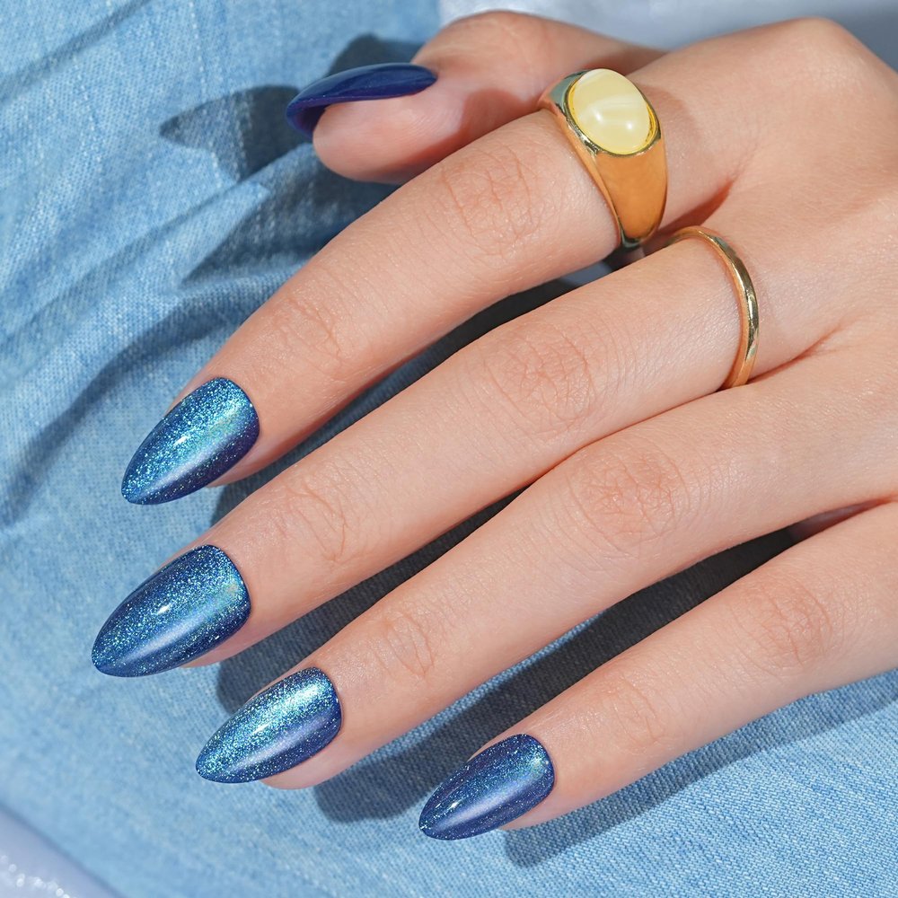 Blue Press on Nails Almond, Jofay Fashion Cat Eye Press on Nails, Soft Gel Fake Nails, Reusable & Natural Acrylic False Nails, Stick on Nails for Women Girls Gift, Glue on Nails Kit 32 Pcs