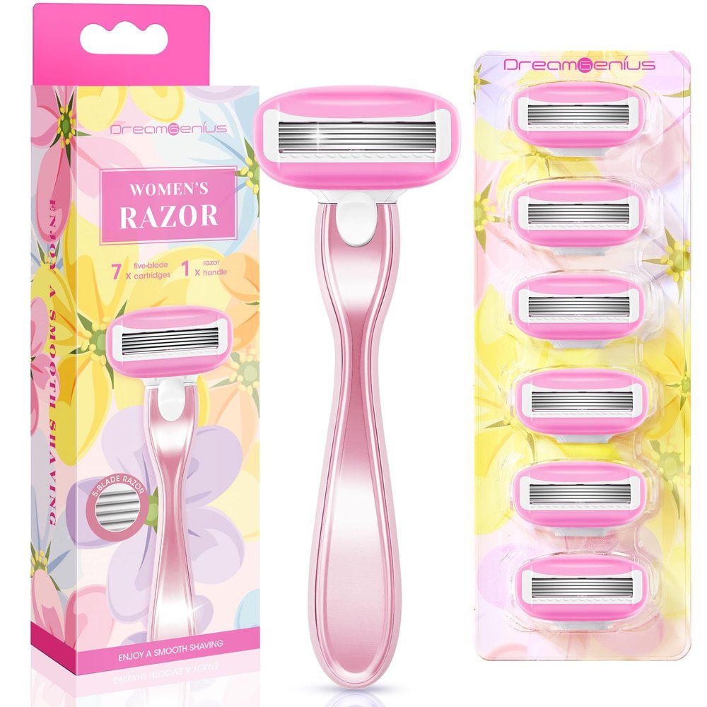 Razors for Women Include 1 Non-Slip Metal Handle and 7 Blade Refills, 5 Premium Blades Women's Razors for Shaving with 360 Lubrication Reduces Irritation, Pink