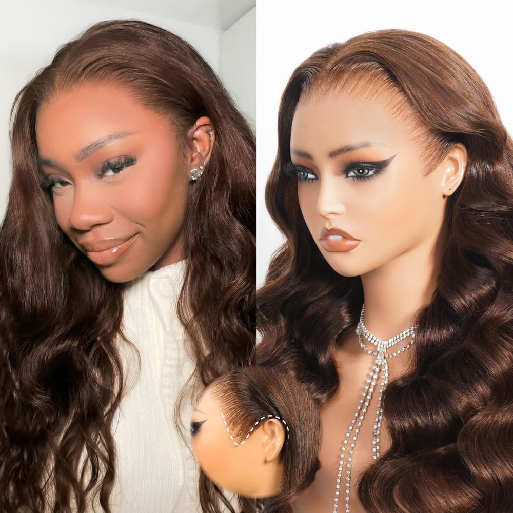 Megalook hair Glueless Chocolate Brown 13x6 Lace Front Wigs Human Hair Ready to Go Glueless Body Wave Wig Pre Cut Pre Plucked Bleached HD Frontal Drawstring Wigs Human Hair 30 Inch 220% Density