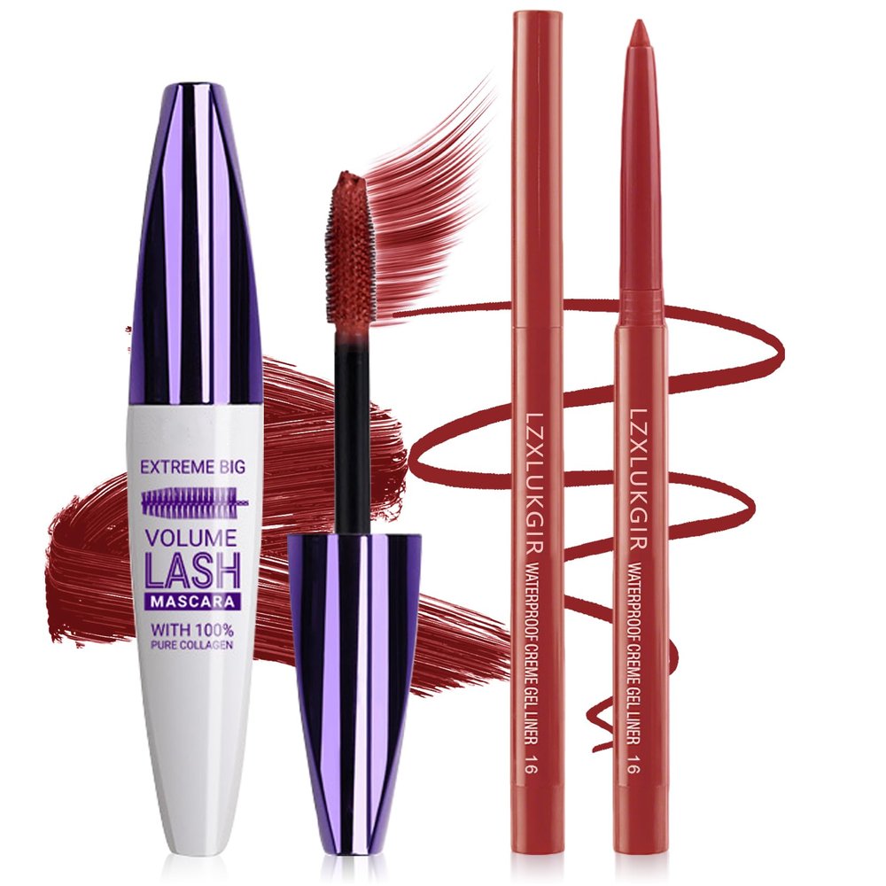 LZXLUKGIR Burgundy Mascara and Eyeliner Set,Natural Curling Red Mascara for Eyelashes,Volumizing Lengthening mscara de pestaas Waterproof,5D Colored Eye Makeup