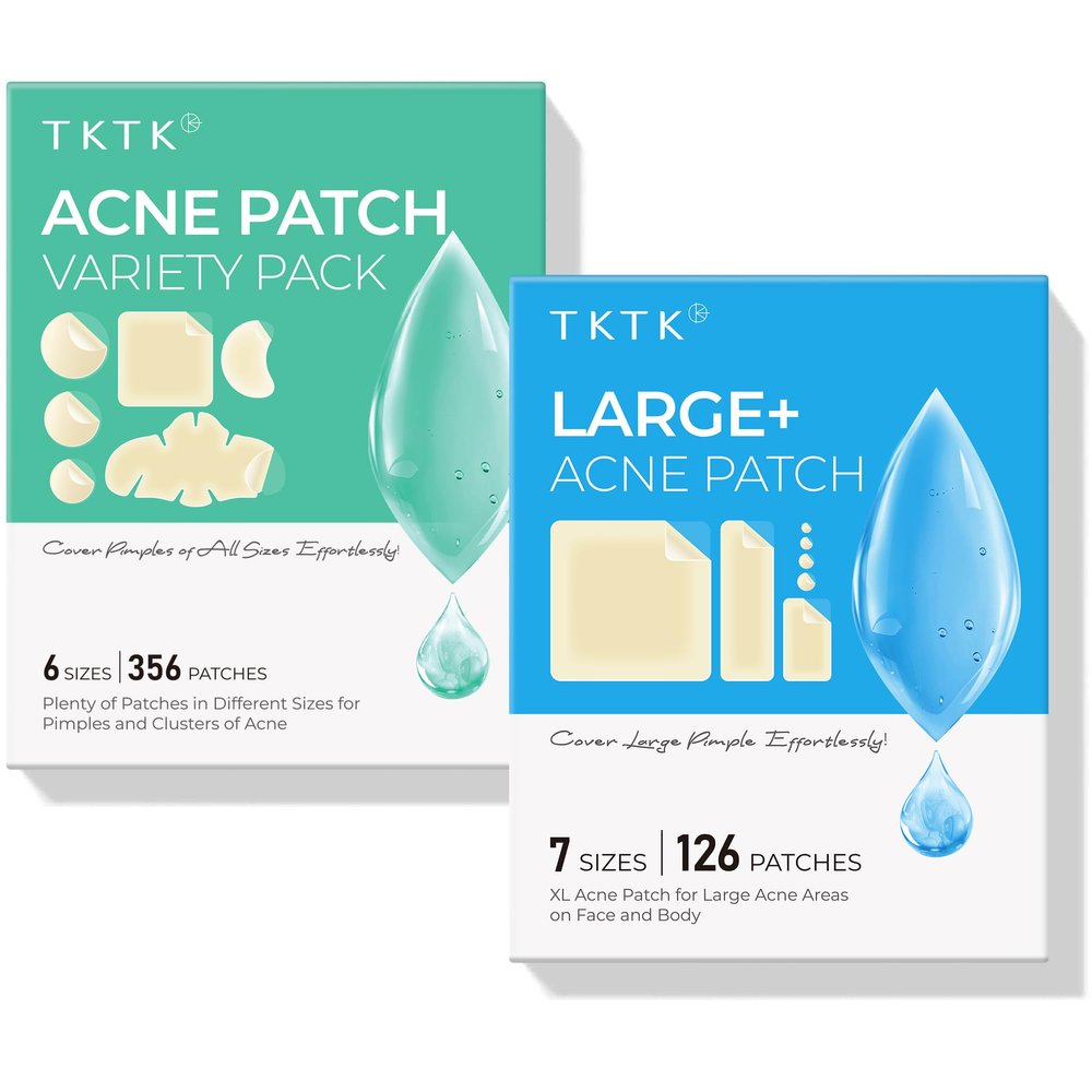 TKTK Large Pimple Patches for Face, 8 Sizes Hydrocolloid Acne Patch Variety, Large Acne Stickers for Cheeks, Forehead, Chin, Nose, Back Blemishes Zit Breakouts (5 Shapes 482 Count)