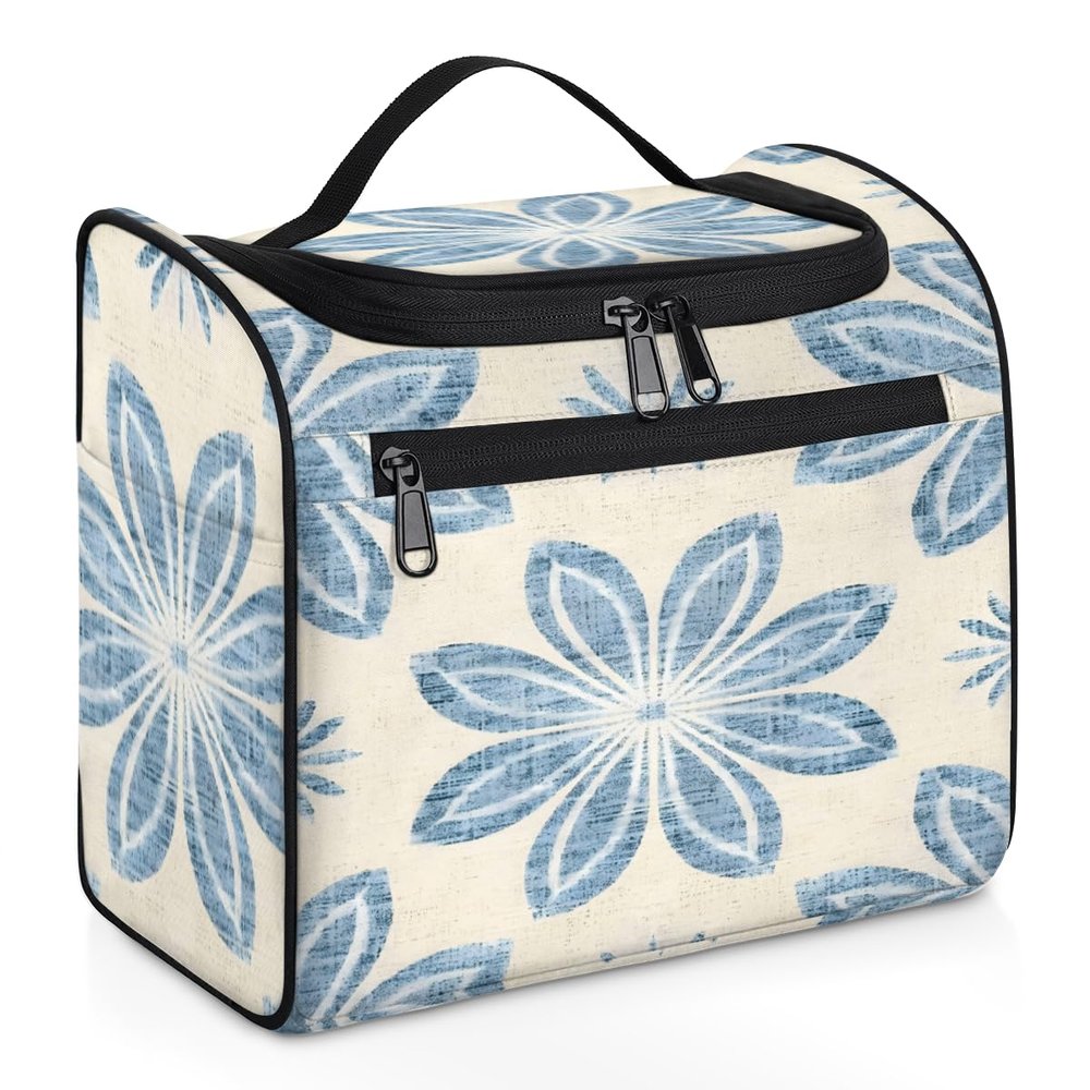 Zestdesign Abstract Floral Large Hanging Travel Toiletry Bag for Women Water Resistant Blue Flower Bathroom Cosmetic Makeup Bag with Hanging Hook for Toiletries