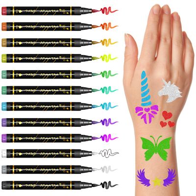 12 Metallic Temporary Tattoo Markers for Skin,Halloween Body Face Paint Stencils, 39PCS Glow in The Dark Halloween Tattoos for Adult Kids