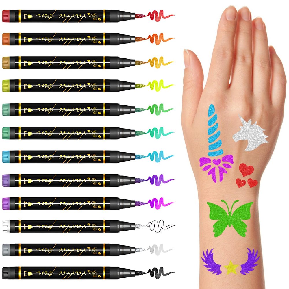 12 Metallic Temporary Tattoo Markers for Skin,Halloween Body Face Paint Stencils, 39PCS Glow in The Dark Halloween Tattoos for Adult Kids