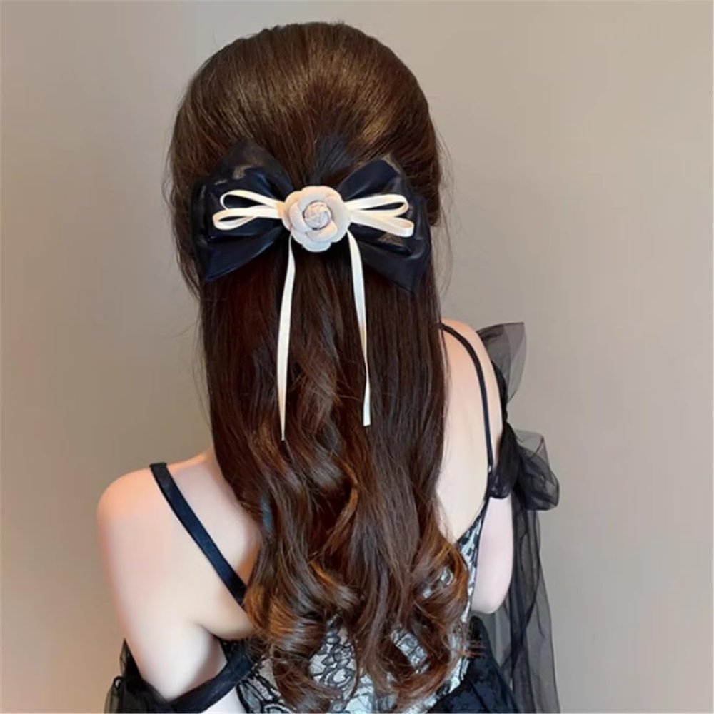DFWZMQTG Black spring hair clips female back of the hairpin camellia flower ribbon word clip top headdresses
