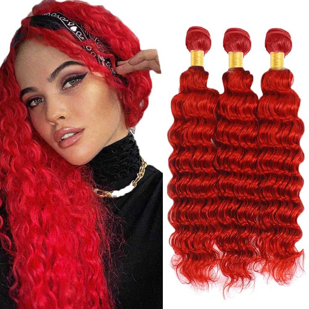 Red Bundles Human Hair Deep Wave Bundles 26 28 30 Inch Unprocessed Brazilian Virgin Remy Hair Wine Red 3 Bundle Burgundy Deep Wave Human Hair Extensions For Women 50 Gram Per Bundle