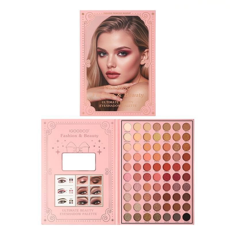 70-Color Eyeshadow Palette, Pink and Brown Shades, Matte and Shimmer, Long-lasting Powder Formula