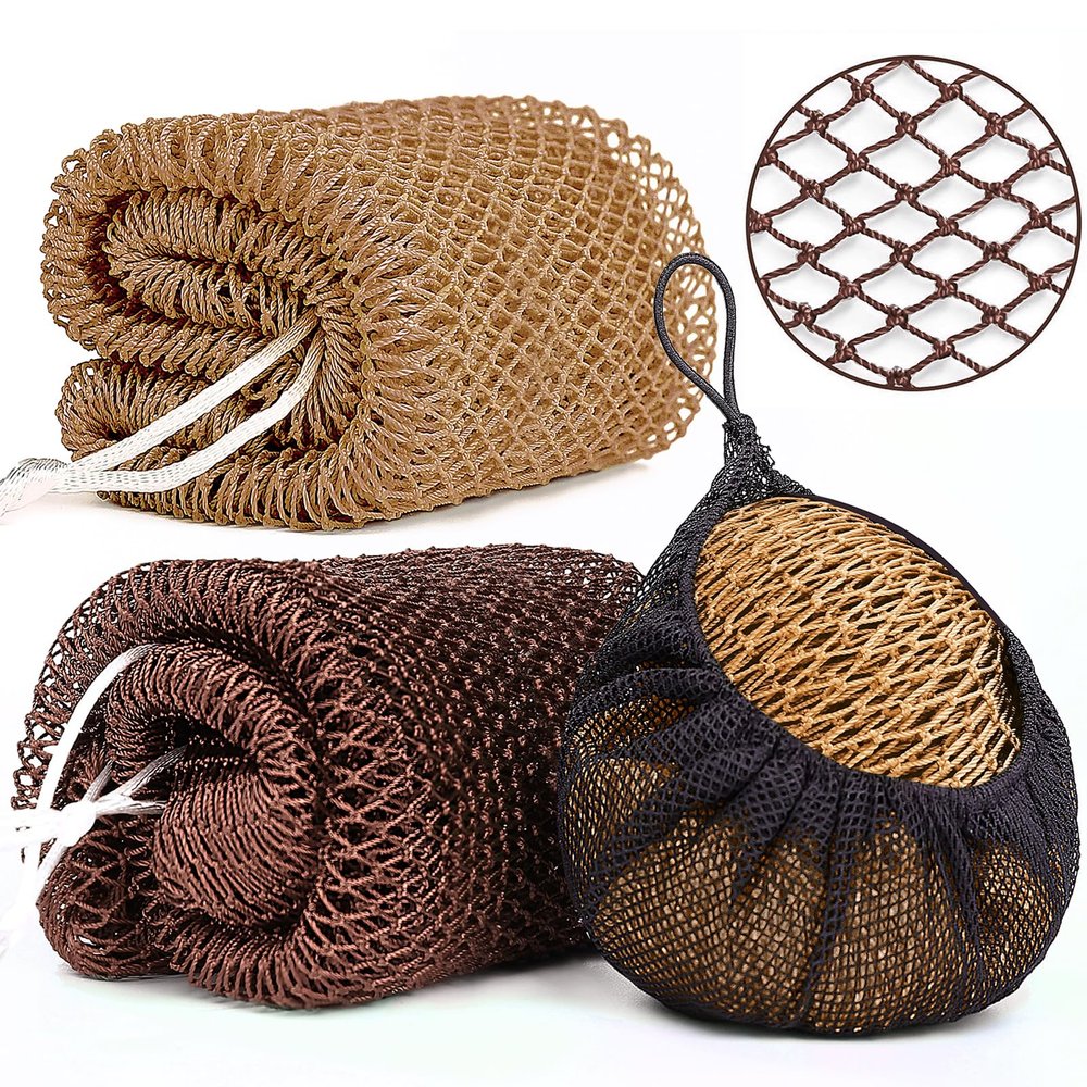 2 Pack African Net Sponge Exfoliating Scrubber Bath Sponge for Daily Use (Dark Brown+Light Brown)