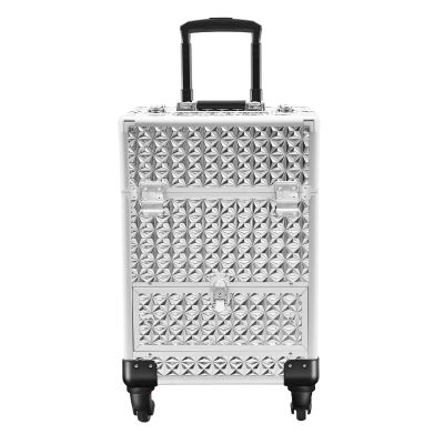 Professional Rolling Makeup Case, Aluminum Trolley Train Case with 4 Removable Wheels & Drawers, 13*10*19in Portable Cosmetic Storage Trolley for Wedding Makeup, Nail Artist Travel (Silver)