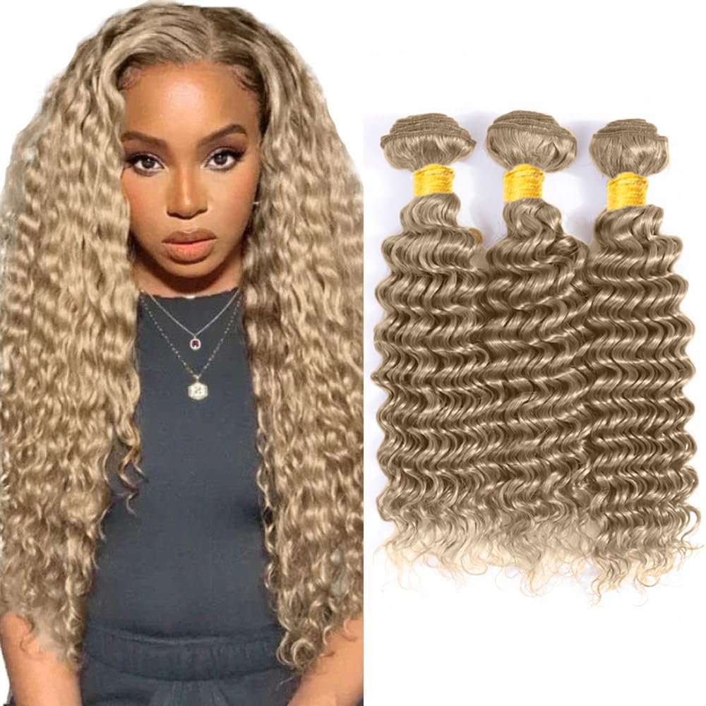#22 Blonde Bundles Human Hair Deep Wave Bundles 14 14 14 Inch Unprocessed Brazilian Virgin Hair Ash Blonde Deep Wave 3 Bundle Human Hair Extensions 50 Gram Per Bundle