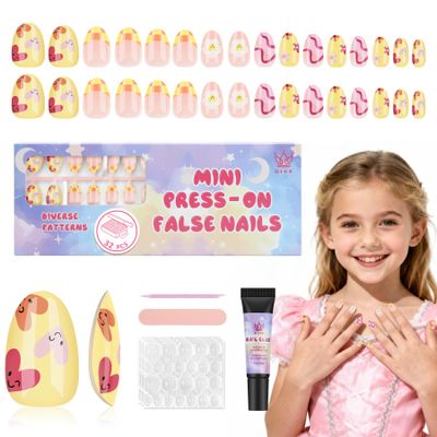 Qiek 16 Sizes Press on Nails Kit for Kids - 32 Pieces French Almond Fake Nail Tips for Girls 8-12 Years Old with Jelly Nail Adhesives & No-Lamp Nail Glue, Birthday Christmas Gifts (Happy Smile)
