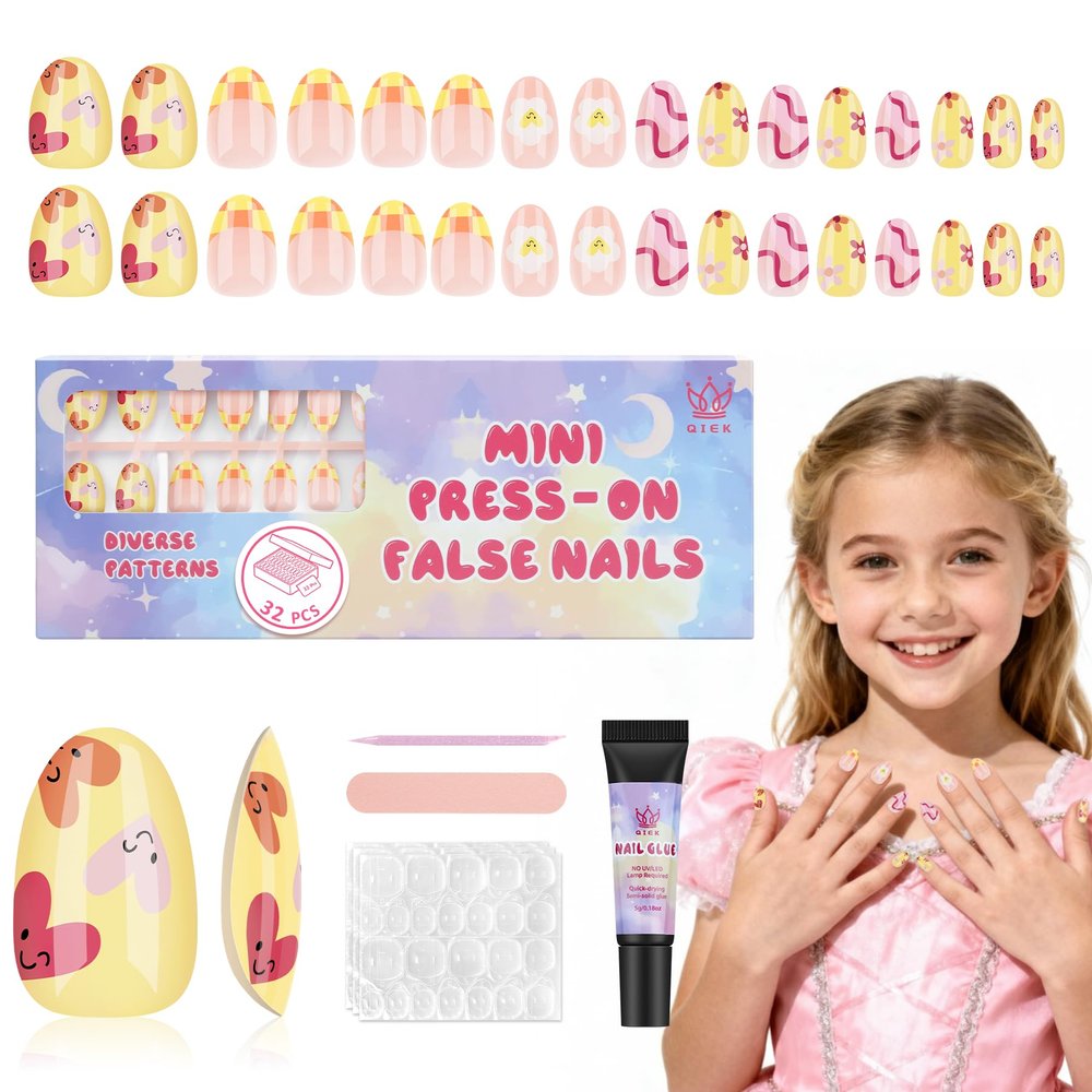 Qiek 16 Sizes Press on Nails Kit for Kids - 32 Pieces French Almond Fake Nail Tips for Girls 8-12 Years Old with Jelly Nail Adhesives & No-Lamp Nail Glue, Birthday Christmas Gifts (Happy Smile)
